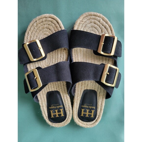 Haute Hippie Shoes - Haute Hippie Black Suede Double Buckle Espadrille Slide Sandals Women's Size7.5M